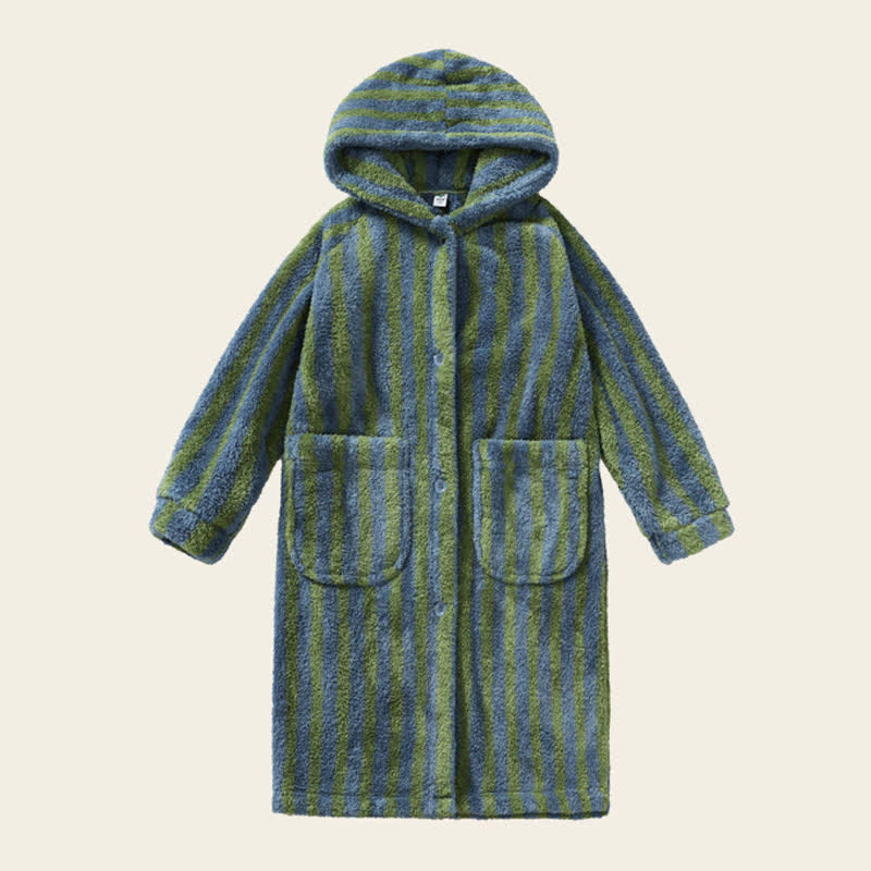 Ownkoti Striped Hooded Plush Warm Child Robe - Dark Green - Child:140-160cm - image 7