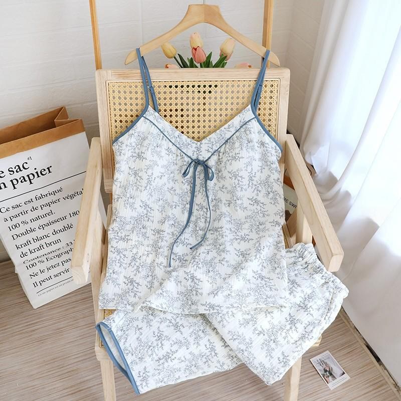 Bow-tie V-neckline Soft Cotton Gauze Pajamas - Blue - XL - image 13