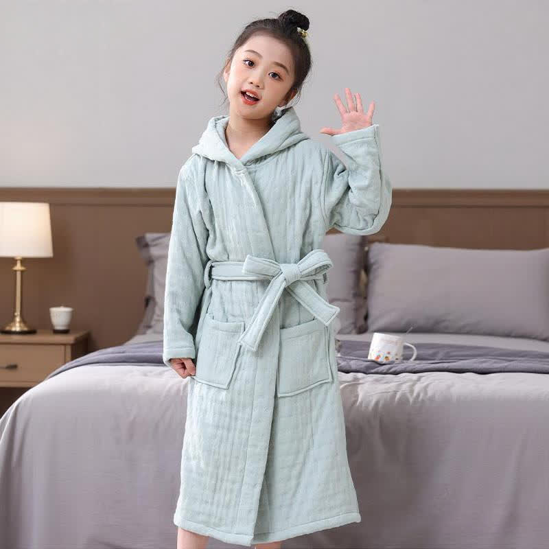 Solid Cotton Gauze Hooded Child Bathrobe - image 5
