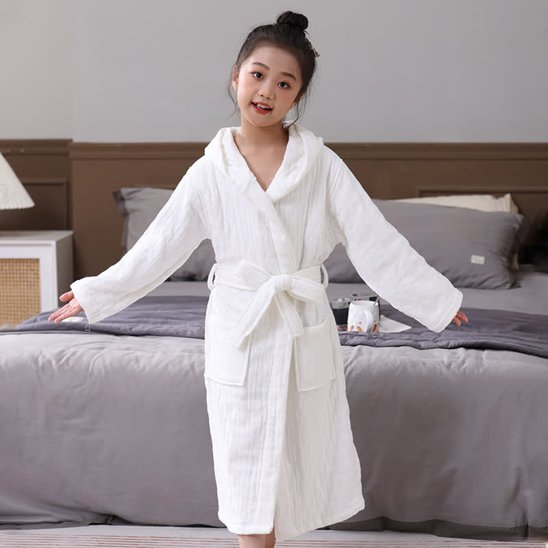 Solid Cotton Gauze Hooded Child Bathrobe - White - Child:135-150cm - image 6