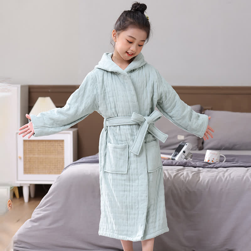 Solid Cotton Gauze Hooded Child Bathrobe - Green - Child:135-150cm - image 4