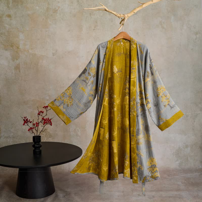 Vintage Tree Cotton Gauze Kimono Robe - Light Gray - XL - image 4