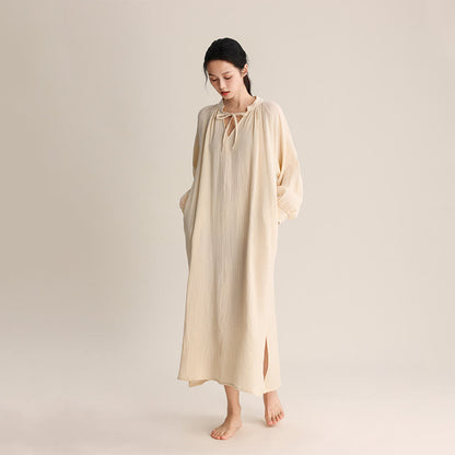 Solid V-neck Bow-Tie Cotton Nightdress - Apricot - L - image 0