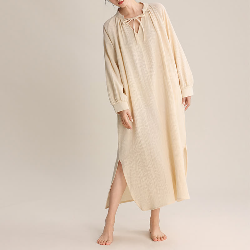 Solid V-neck Bow-Tie Cotton Nightdress - image 2