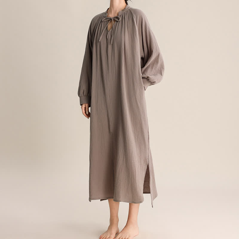 Solid V-neck Bow-Tie Cotton Nightdress - image 5