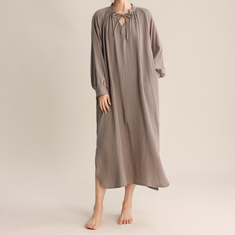 Solid V-neck Bow-Tie Cotton Nightdress - image 4