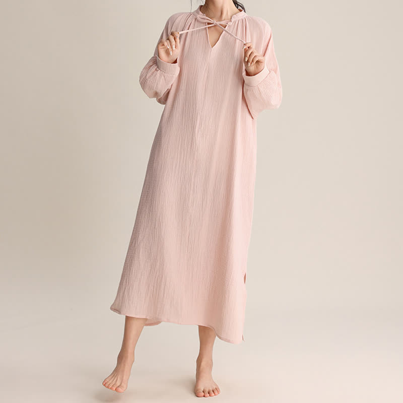 Solid V-neck Bow-Tie Cotton Nightdress - image 5
