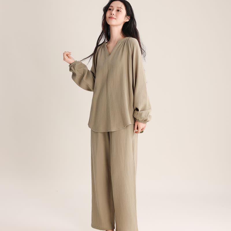 Minimalist V-neck Cotton Loungewear Set - Green - XL - image 8