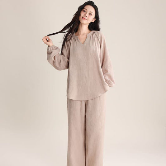 Minimalist V-neck Cotton Loungewear Set - Beige - XL - image 0