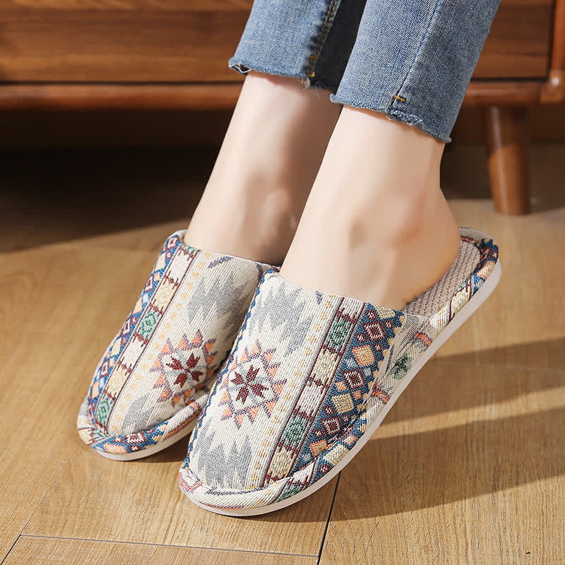 Ethnic Style Pattern Non-slip House Slippers - Beige - L - image 0