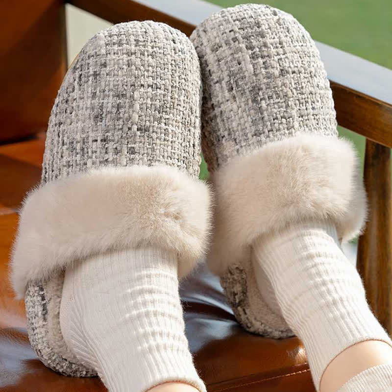 Closed-Toe Plush Warm Slippers - Gray&White - L - image 10