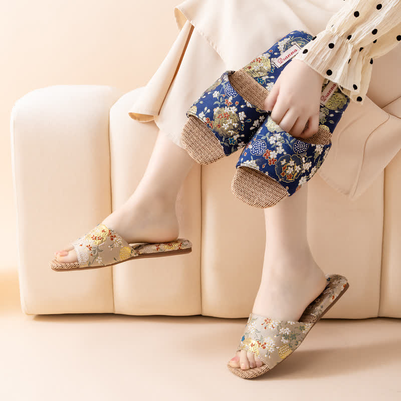 Floral Embroidered Linen House Slippers - image 4