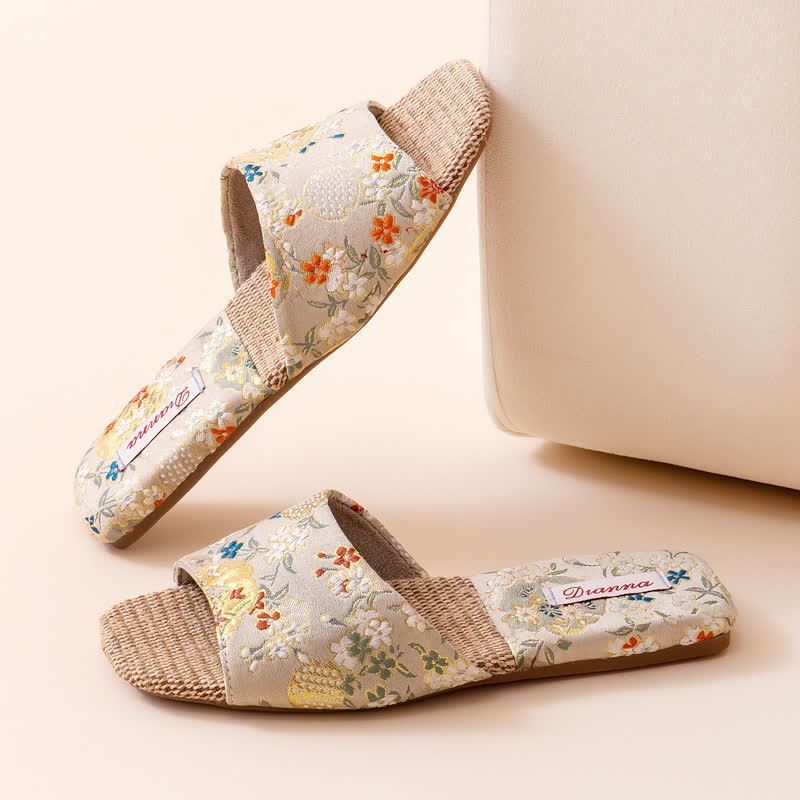 Floral Embroidered Linen House Slippers - image 14