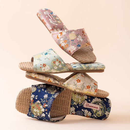 Floral Embroidered Linen House Slippers - image 0