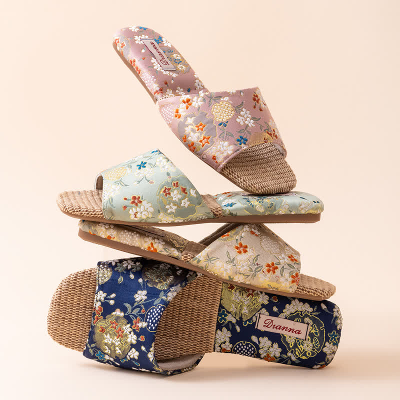 Floral Embroidered Linen House Slippers - image 1