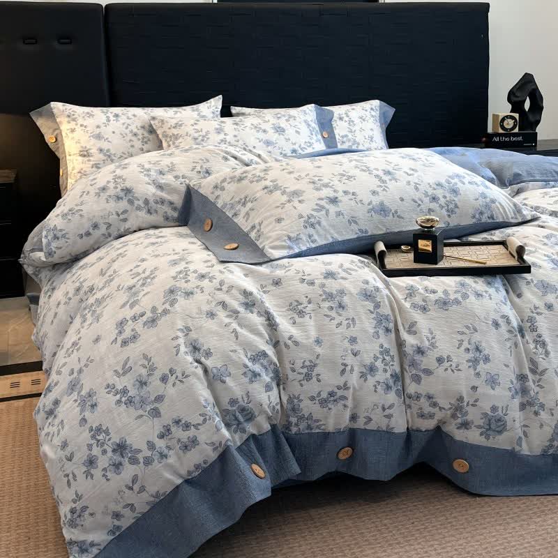 Blue Floral Linen Button Bedding Set (4PCS) - image 2