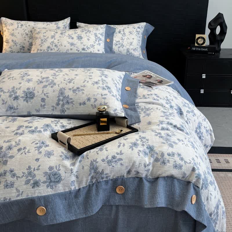 Blue Floral Linen Button Bedding Set (4PCS) - image 1