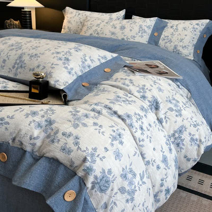 Blue Floral Linen Button Bedding Set (4PCS) - King - image 0