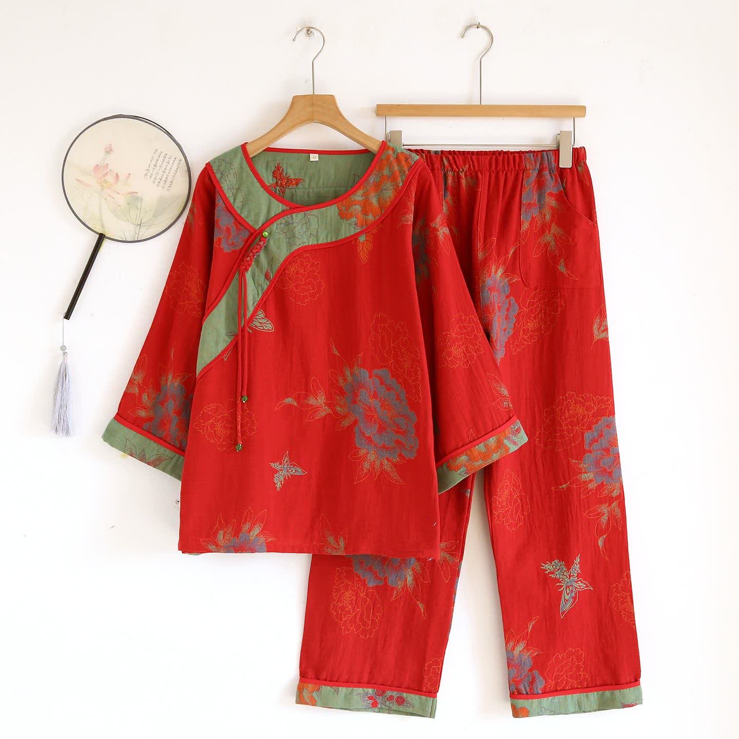 Peony Butterfly Jacquard Cotton Gauze Pajamas - Red - XL - image 13