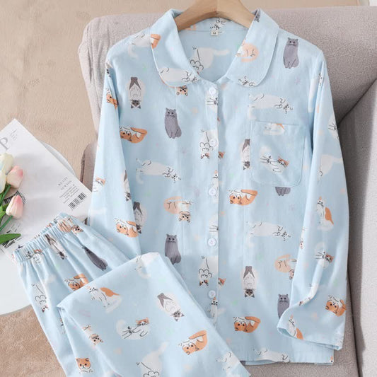 Cartoon Cat Brushed Cotton Loungewear Set - image 1
