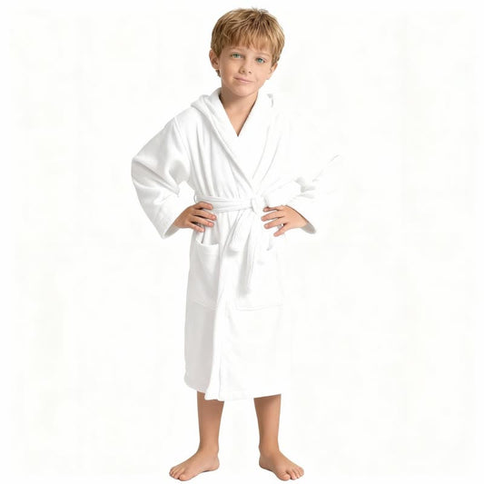 Ownkoti Solid Hooded Cotton Child Bathrobe - White - L - image 1