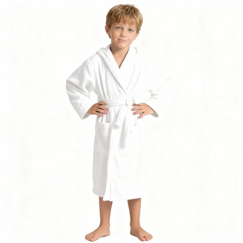 Solid Hooded Cotton Child Bathrobe - White - L - image 1