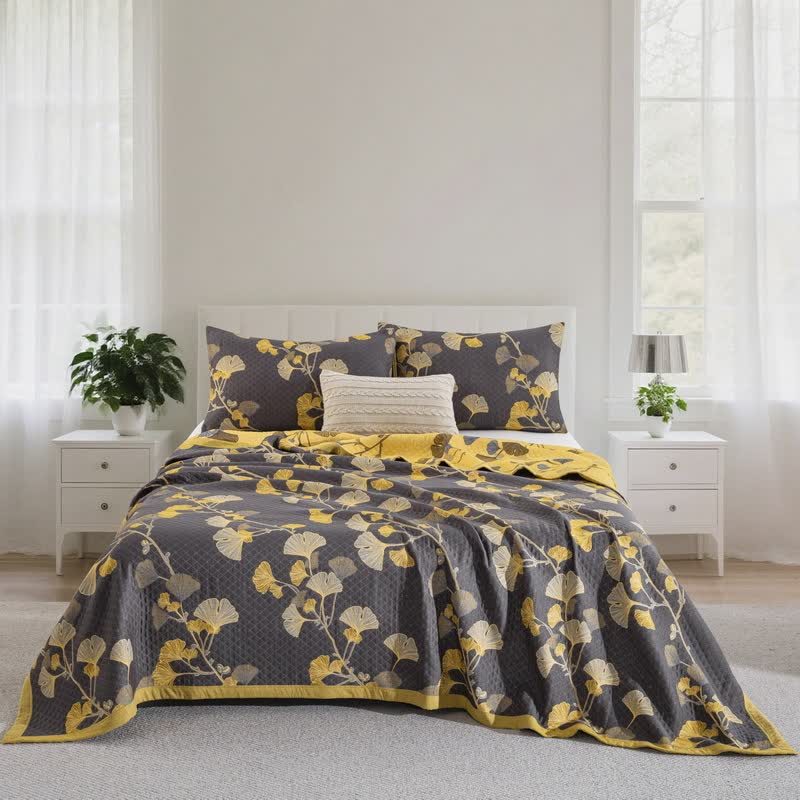 Ginkgo Leaf Natural Cotton Reversible Quilt - Dark Grey - 2PCS Pillowcases - 20" x 36" - image 26