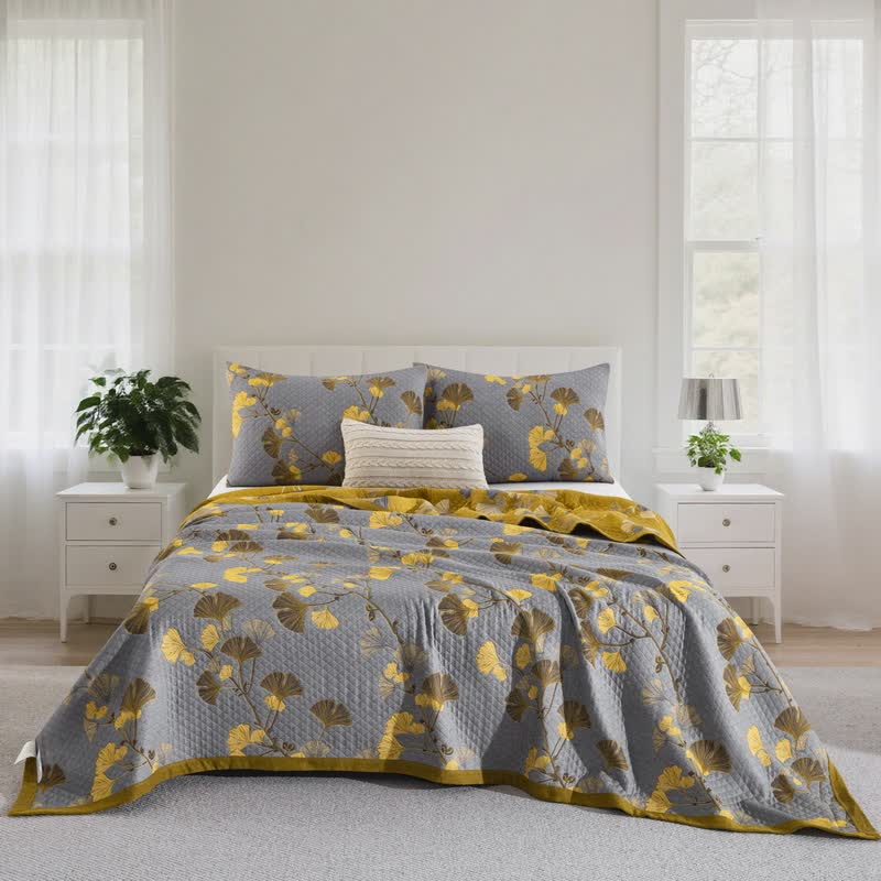 Ginkgo Leaf Natural Cotton Reversible Quilt - Light Gray - 2PCS Pillowcases - 20" x 36" - image 41