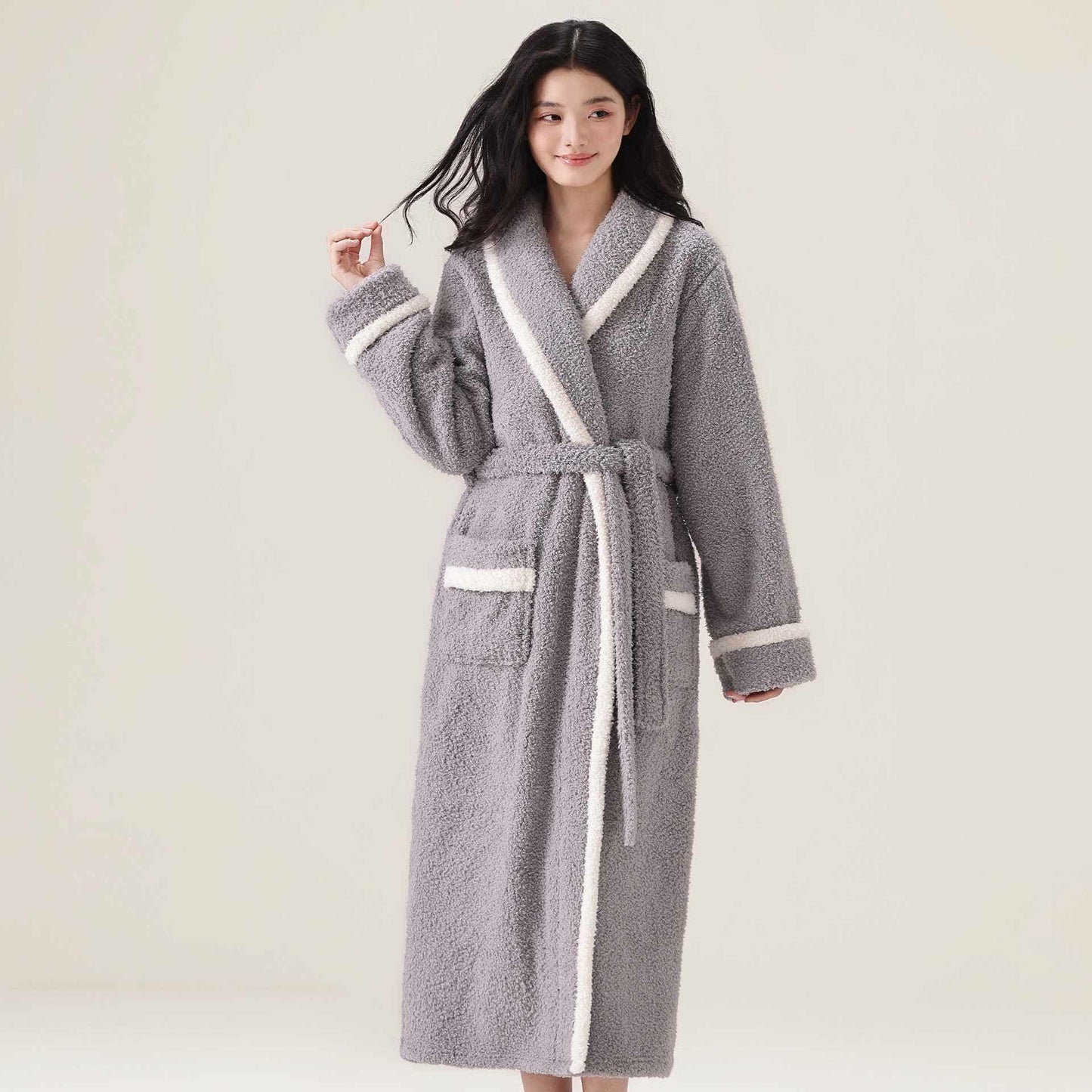 Unisex Fleece Plush Warm Robe - Light Gray - XL - image 6