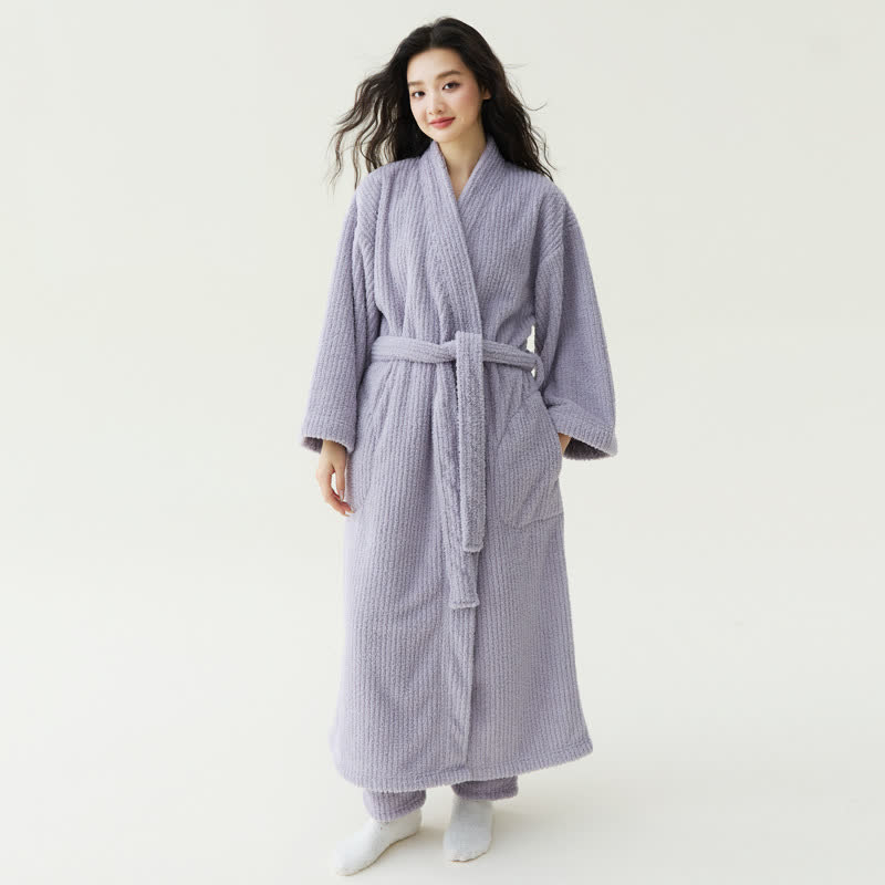 Minimalist Style Solid Plush Robe - Purple - Bathrobe with Pants - XL - image 4