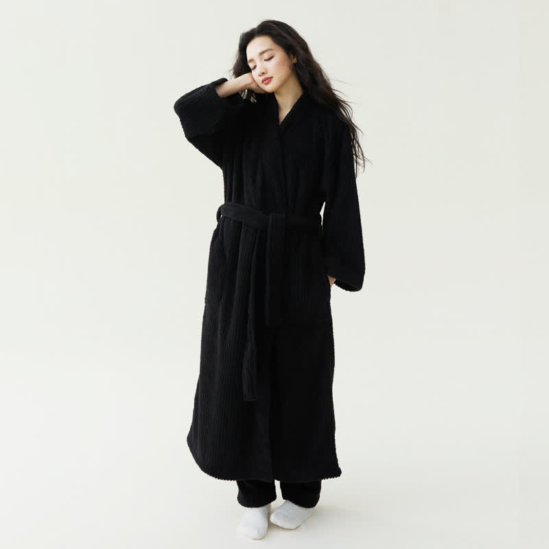 Minimalist Style Solid Plush Robe - Black - Bathrobe with Pants - XL - image 5