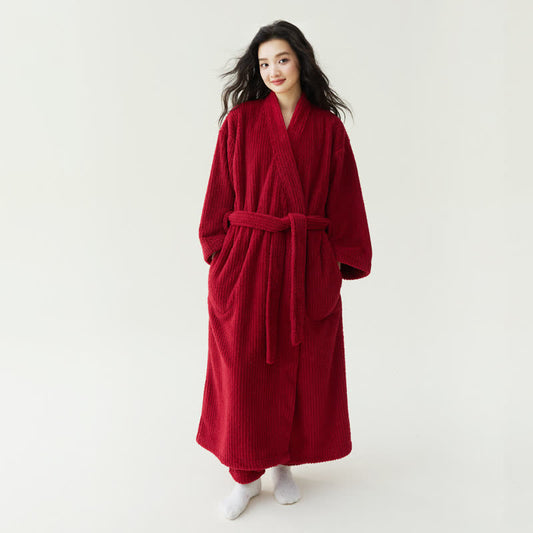 Minimalist Style Solid Plush Robe - Red - Bathrobe with Pants - XL - image 0