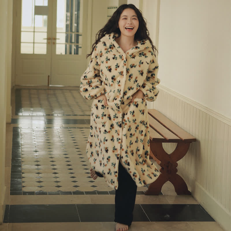 Rustic Floral Hooded Button Plush Robe - image 1