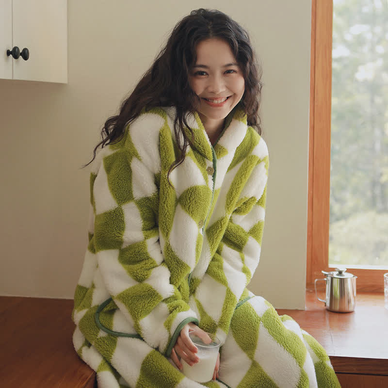 Geometric Pattern Hooded Button Plush Robe - image 2