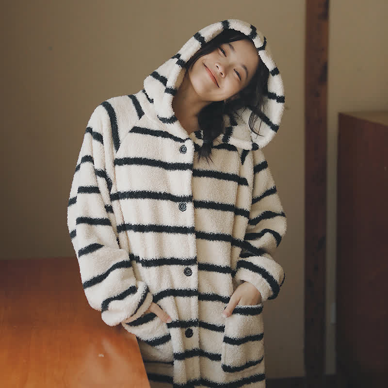 Classic Striped Hooded Button Plush Robe - image 1
