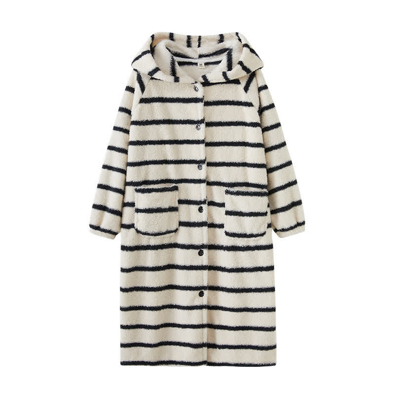 Classic Striped Hooded Button Plush Robe - image 3