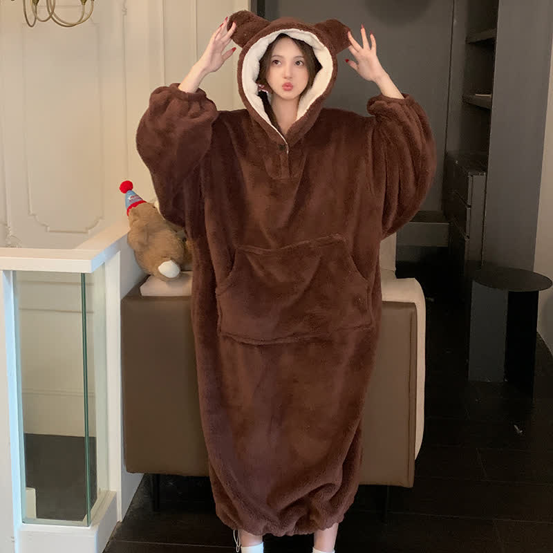 Solid Plush Robe with Bear-Ear Hood - Dark Brown - XXL - image 3