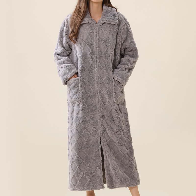 Diamond Textured Zip-Up Plush Robe - Gray - XL - image 20
