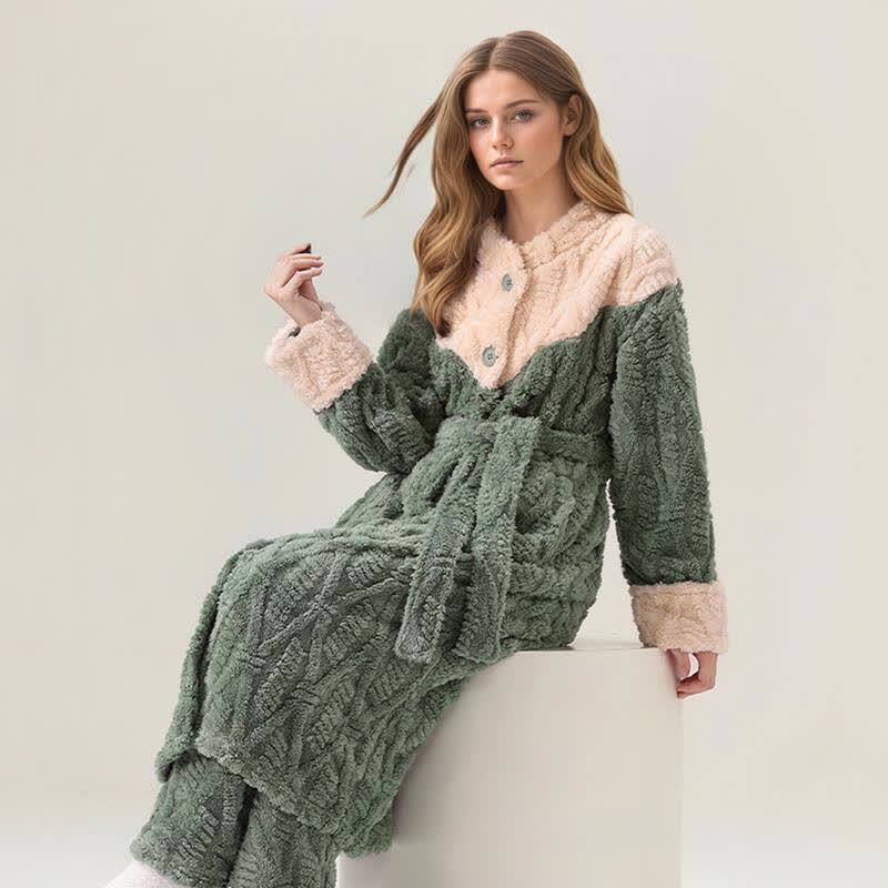 Colorblock Round Neck Plush Bathrobe Set - image 1