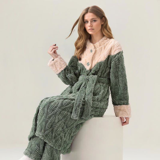 Colorblock Round Neck Plush Bathrobe Set - image 1