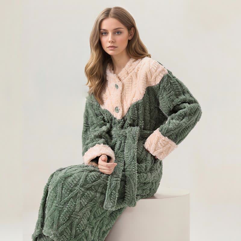 Colorblock Round Neck Plush Bathrobe Set - image 3