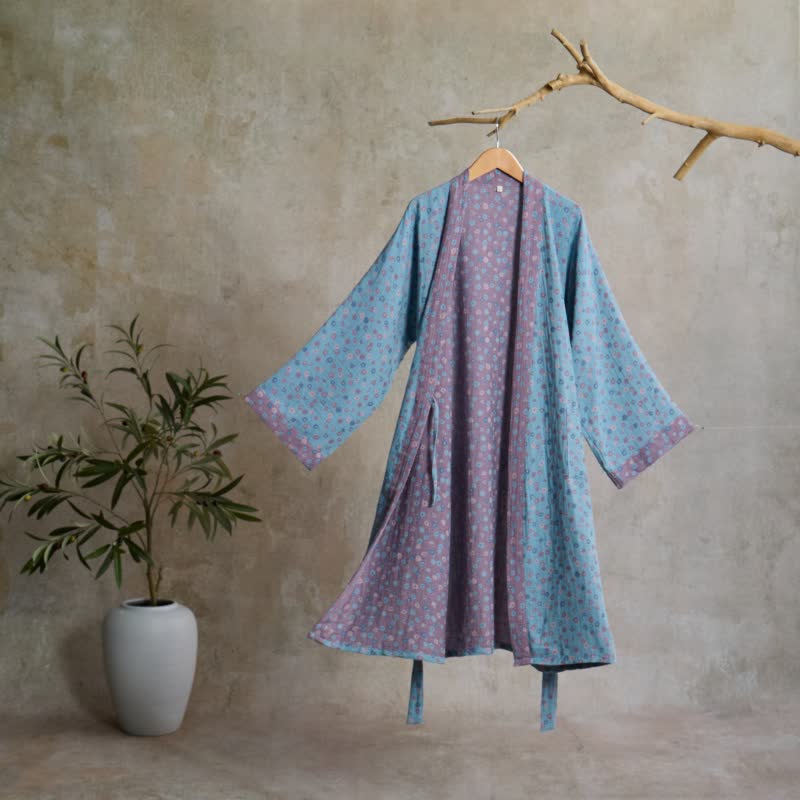 Rustic Floral Jacquard Cotton Kimono Robe - Blue - L - image 0