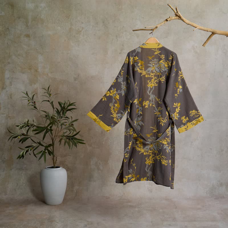 Vintage Floral Leaf Cotton Kimono Robe - image 1