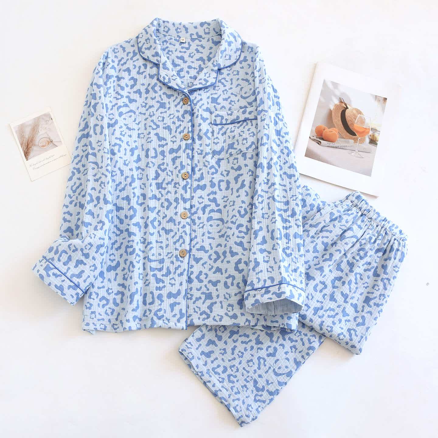 Soft-Tone Leopard Print Cotton Loungewear Set - Blue - XL - image 13