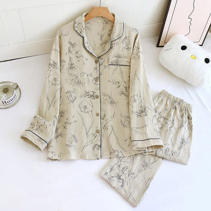 Elegant Vintage Floral Cotton Loungewear Set - Beige - XL - image 0