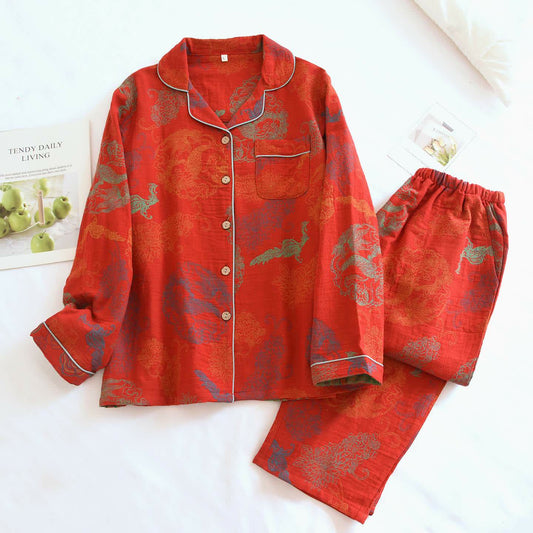 Oriental Dragon & Phoenix Cotton Pajama Set - Red - XL - image 0