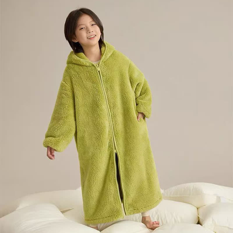 Solid Hooded Zip-up Plush Child Robe - Green - Child:170cm - image 4