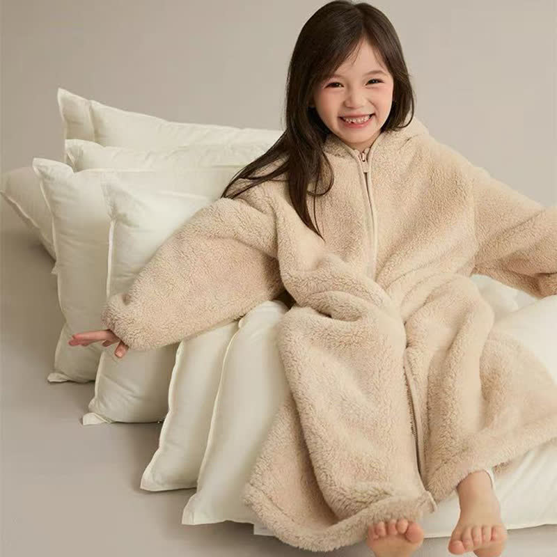 Solid Hooded Zip-up Plush Child Robe - Khaki - Child:170cm - image 7