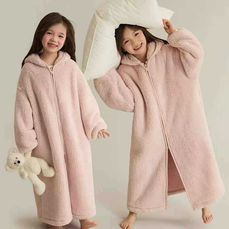 Solid Hooded Zip-up Plush Child Robe - image 1