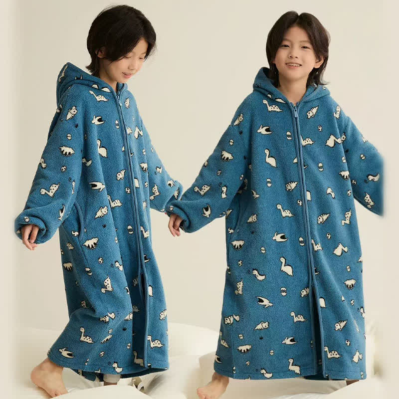 Animal Print Hooded Zip-up Plush Child Robe - Blue - Child:170cm - image 4